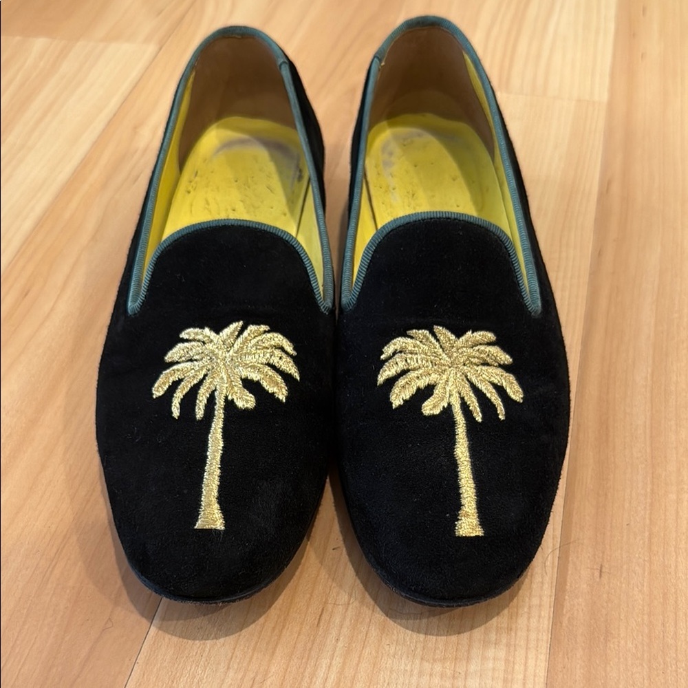 Penelope Chilvers Dandy Palm Tree Black Suede Loafers 37 1/2